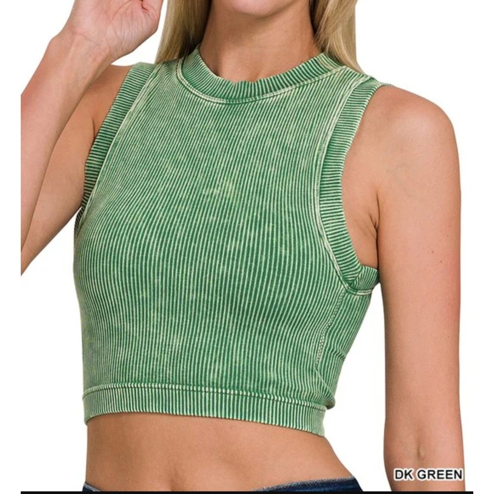 Zenana Dark Green Mineral Wash Ribbed Knit Crop Tank Top NTW-6164A L/XL